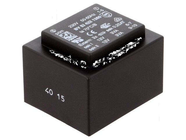 Transformator: ingegoten; 6VA; 230VAC; 12V; 12V; 250mA; 250mA; PCB Transformator: ingegoten; 6VA; 230VAC; 12V; 12V; 250mA; 250mA; PCB